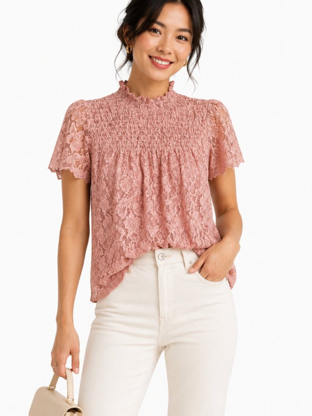 Cable & Gauge Dusty Rose Floral Lace High Neck Blouse Top Size M Romantic Boho